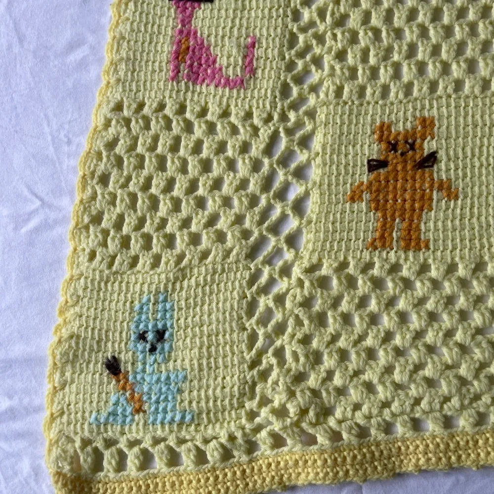 Vintage Handmade Yellow Crochet Baby Blanket Animal Cat Rabbit Elephant